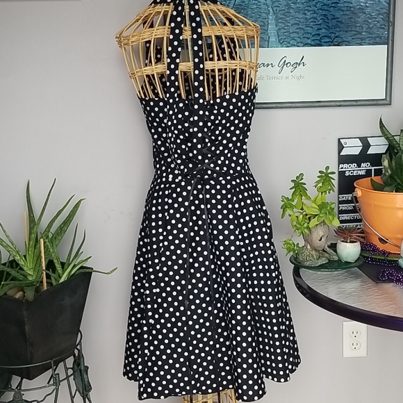 Maggie Tang Retro 1950's Medium Black & White Polka Dot Halter Midi Swing Dress - Picture 3 of 9